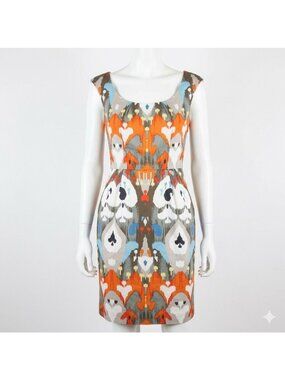 Ikat Print Sleeveless Lined Sheath Dress Knee Length Womens 2 Pockets Preppy Mod